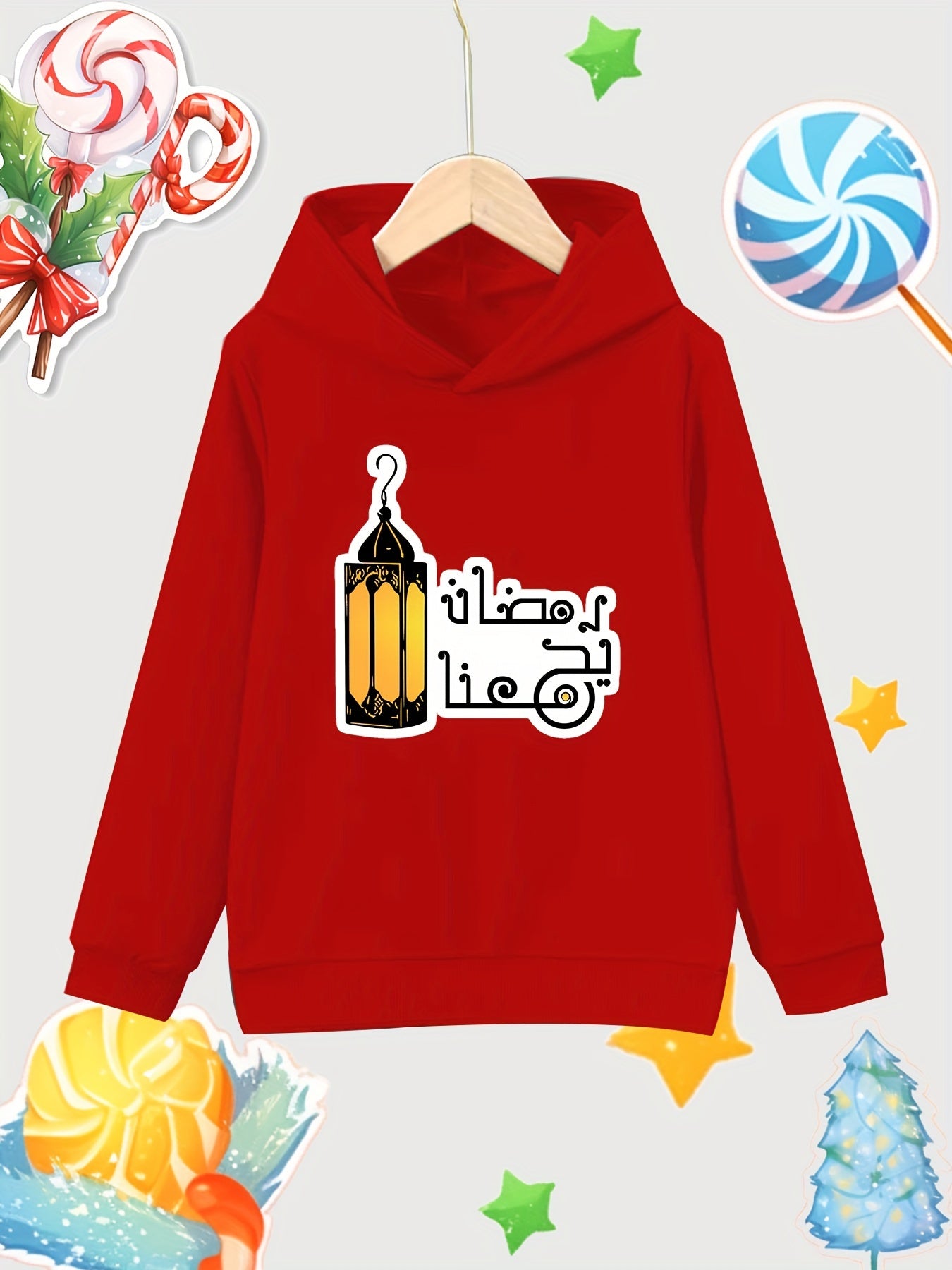 Lantern Print Girls Cotton Pullover Hooded Sweatshirt