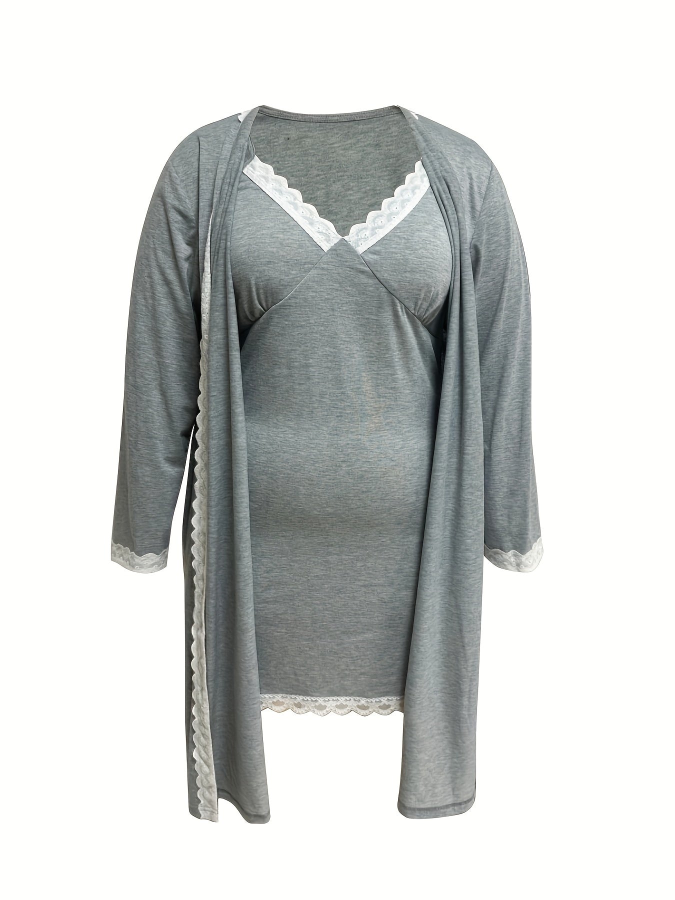 Lace Trim V Neck Cami Dress & Robe Pajama Set