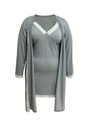 Lace Trim V Neck Cami Dress & Robe Pajama Set