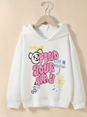 Girls' Bear & Slogan Graphic Hooded Sweatshirt for Spring & Autumn