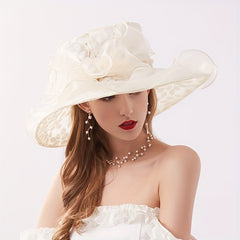 Wide Brim Organza Sun Hat Sequins Embroidery Bridal Wedding Cap