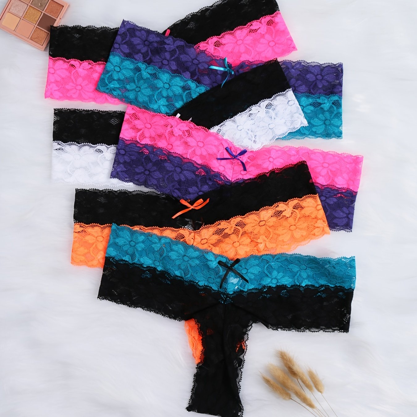 6 Pack Plus Size Floral Jacquard Colorblock Thongs Women's Plus Medium Stretch