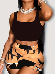 Sexy 2pc Set Sleeveless Tank Top & Geo Print Shorts Outfit