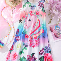 Girls' Unicorn Cartoon Print Sleeveless Tank Dress