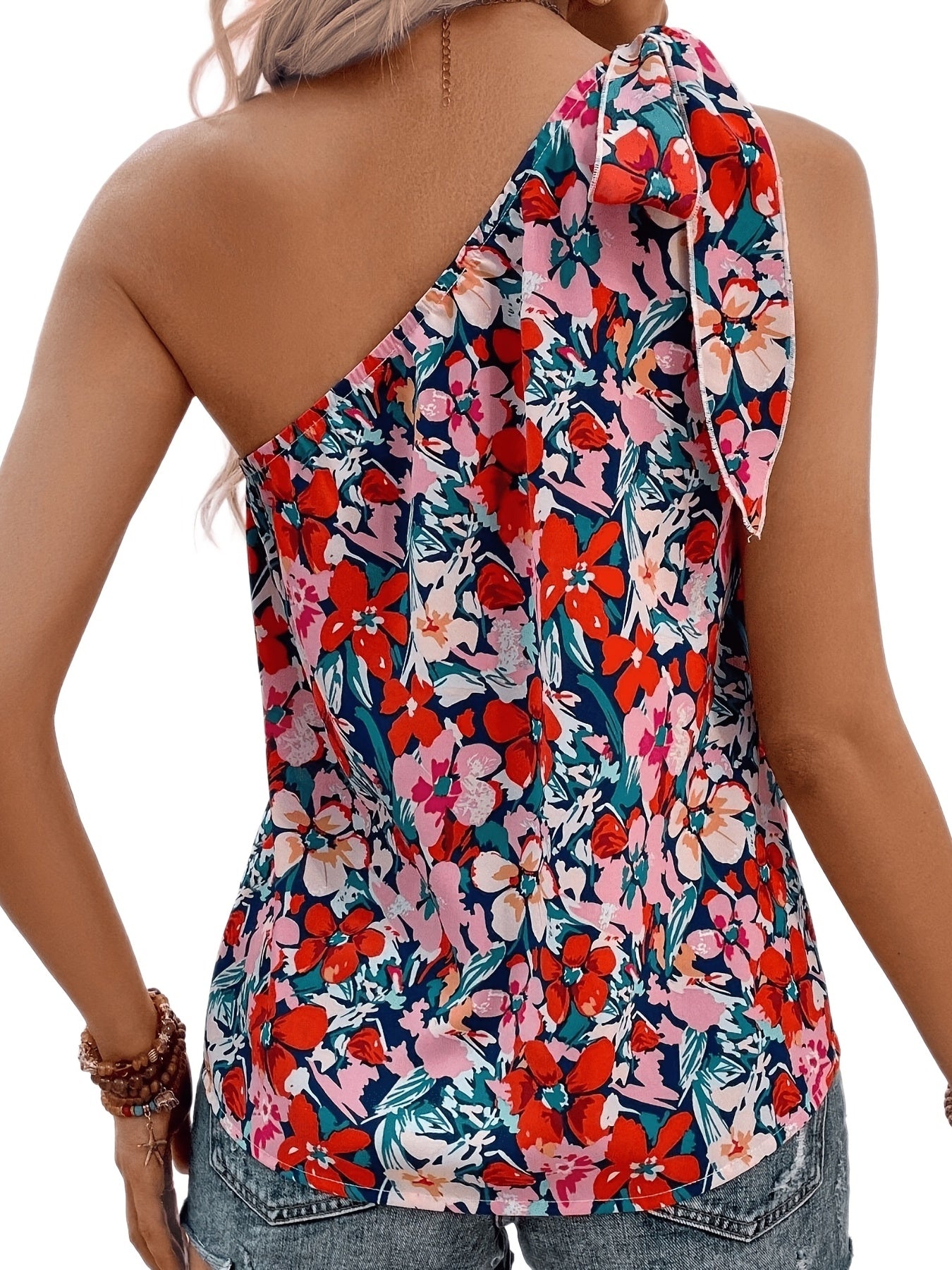 Floral Print One Shoulder Top Tie Strap Sleeveless Summer Blouse