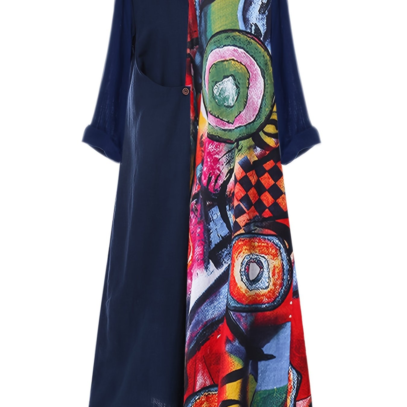 Colorblock Print Long Sleeve Dress Women's Plus Casual