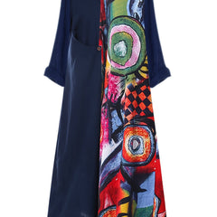 Colorblock Print Long Sleeve Dress Women's Plus Casual