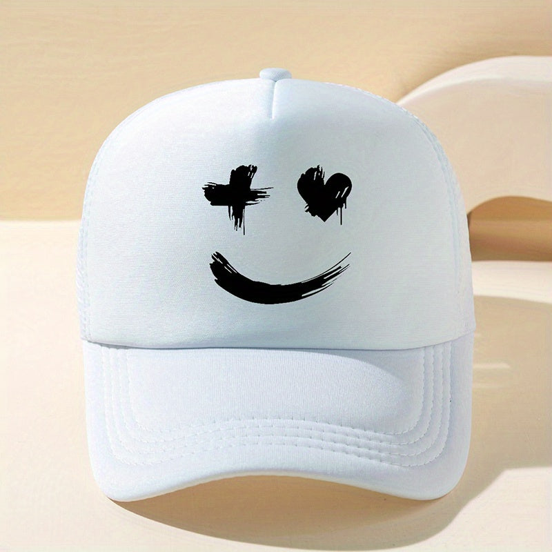 Smiling Face Print Trucker Hat Mesh Breathable Solid Casual Baseball Cap