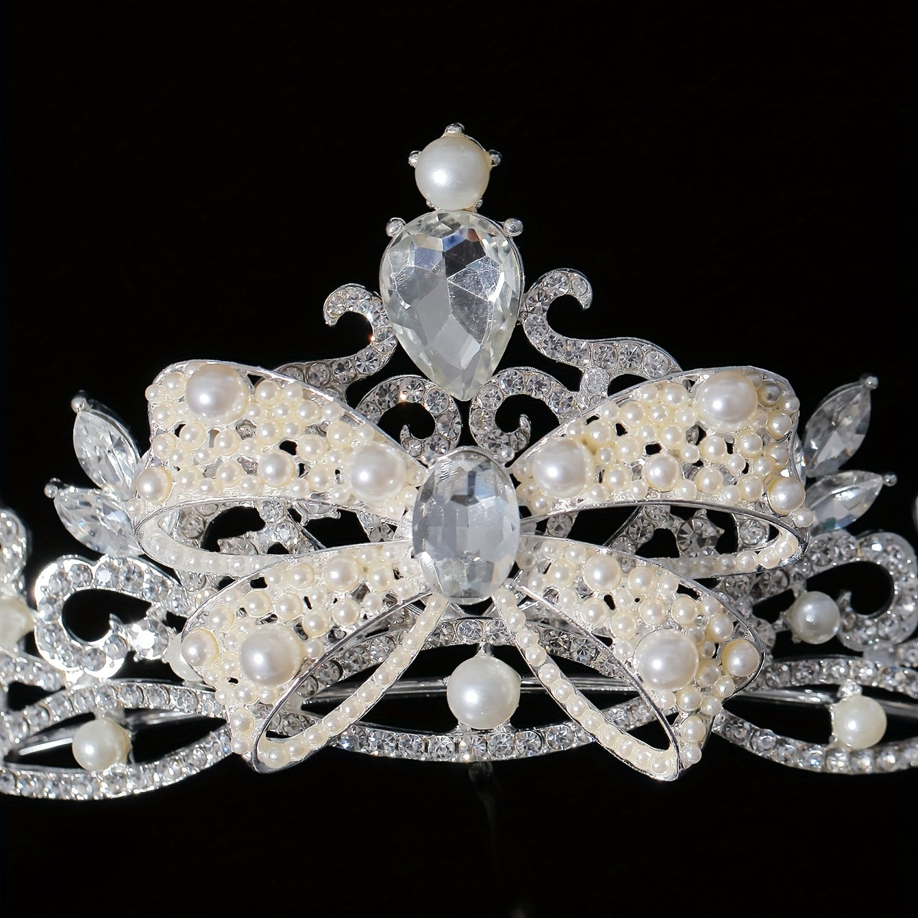 Faux Pearl Crystal Crown Queen Tiara Head Jewelry Wedding Bridal Hair