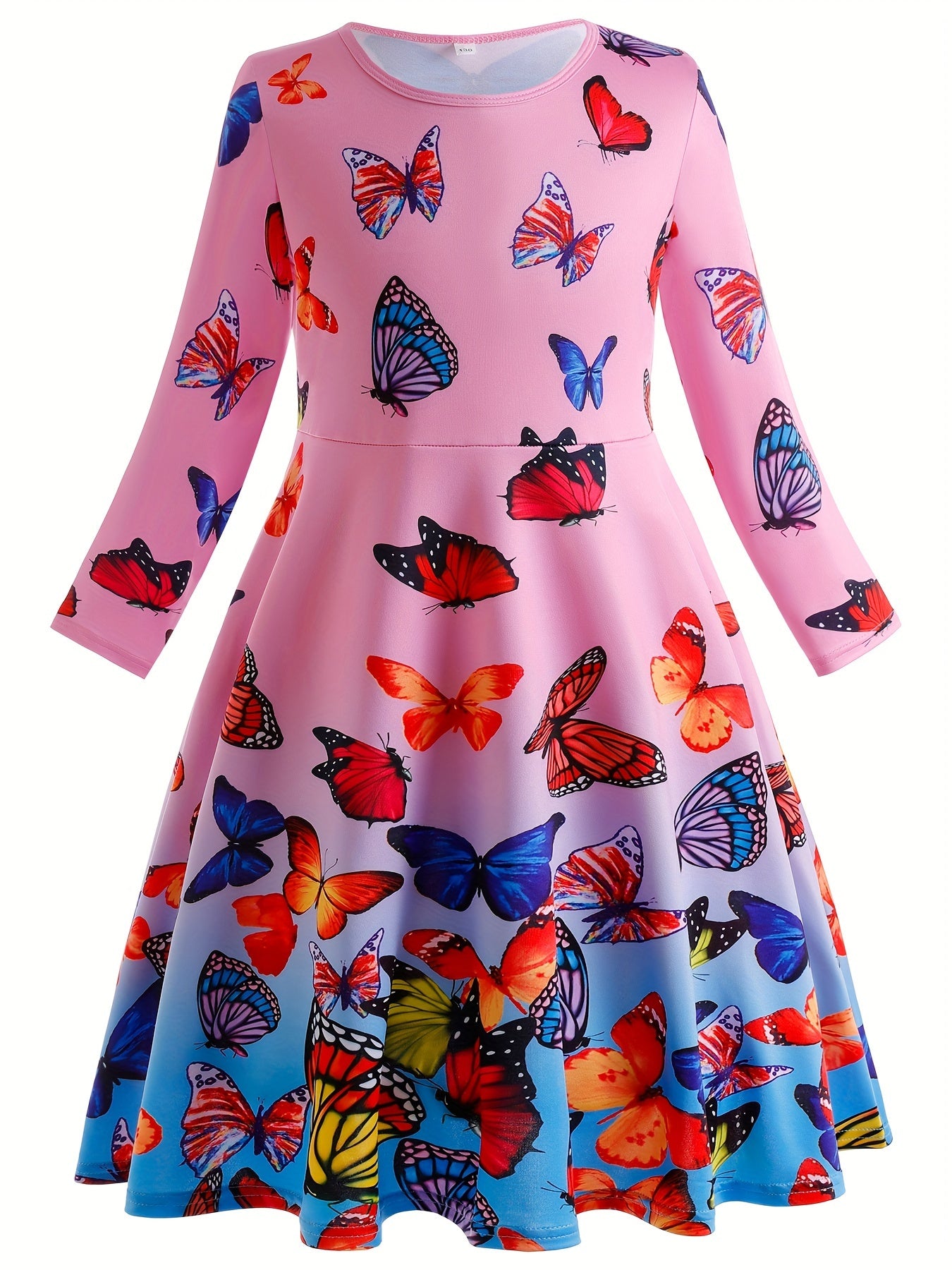 Girls Butterfly Graphic Long Sleeve Dress Spring Fall Party