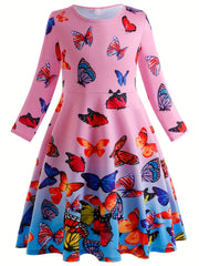 Girls Butterfly Graphic Long Sleeve Dress Spring Fall Party