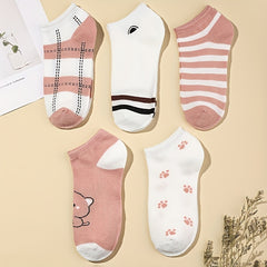 5 Pairs Striped Crew Socks Comfy Low Cut Ankle Socks Women's Stockings