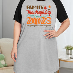 Thanksgiving Pumpkin Print Raglan Sleeve Tee Sleep Dress