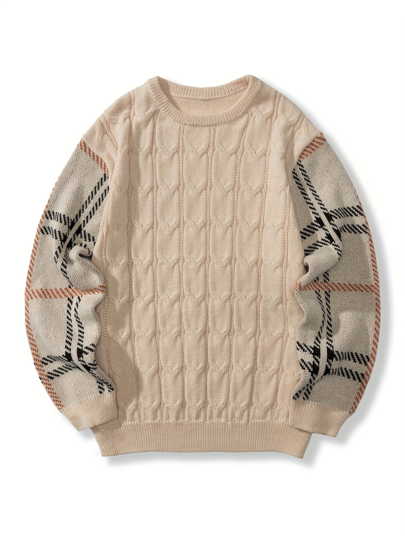 Vintage Check Sweater Men's Warm Crew Neck Pullover for Fall Winter