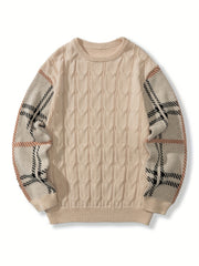 Vintage Check Sweater Men's Warm Crew Neck Pullover for Fall Winter