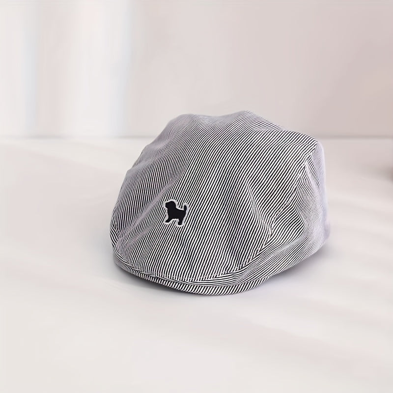 Casual Striped Beret Vintage Breathable Cap Dog Embroidery