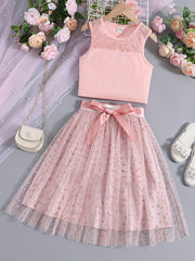 2pcs Girls Mesh Tank Top & Tutu Skirt Set Kids Summer Clothes
