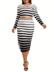 Sexy Striped Crop Top & Split Bodycon Skirt Set