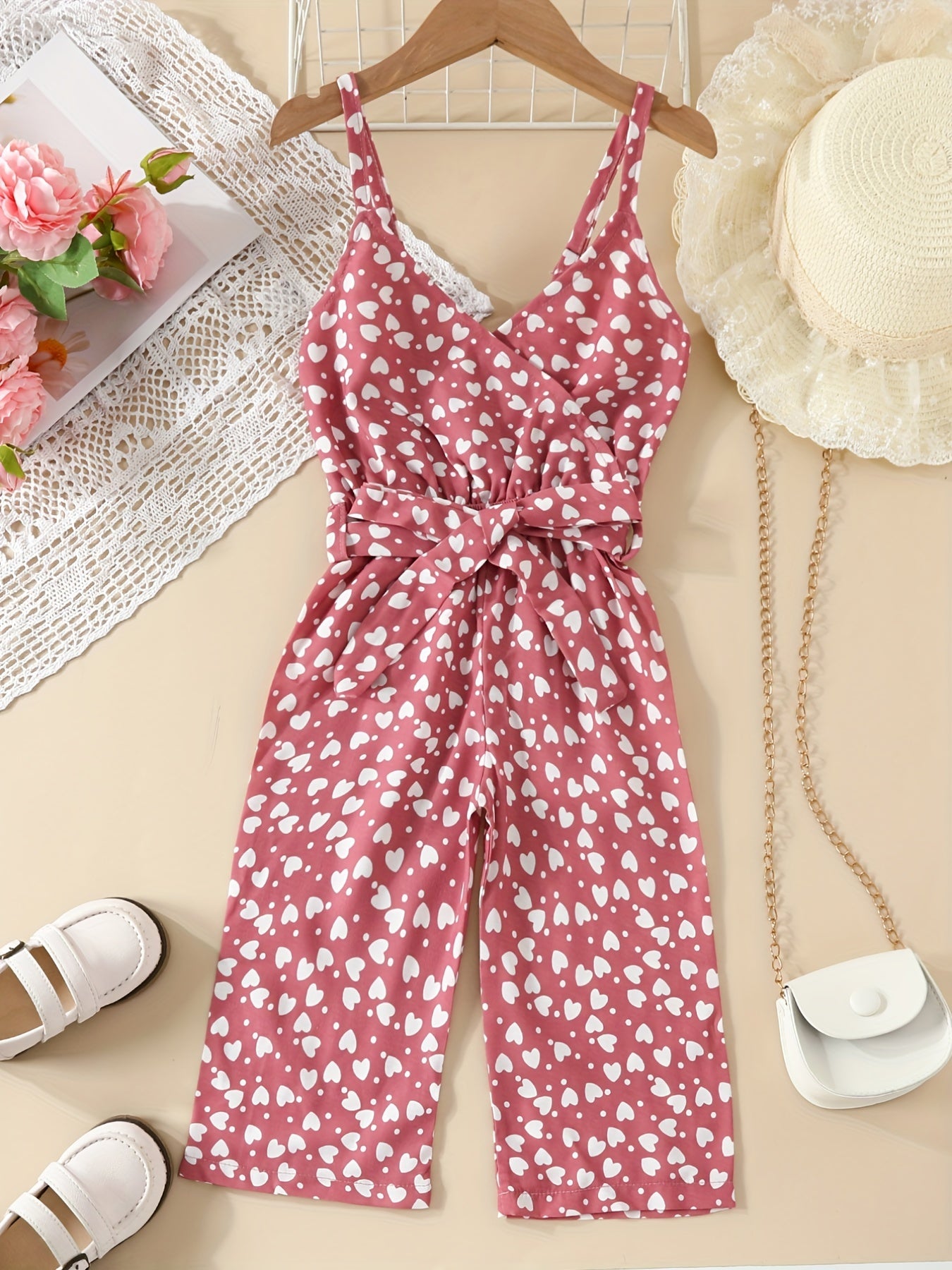 Toddlr Girls Heart Graphic Belted Cami Rompers for Beach Vacation