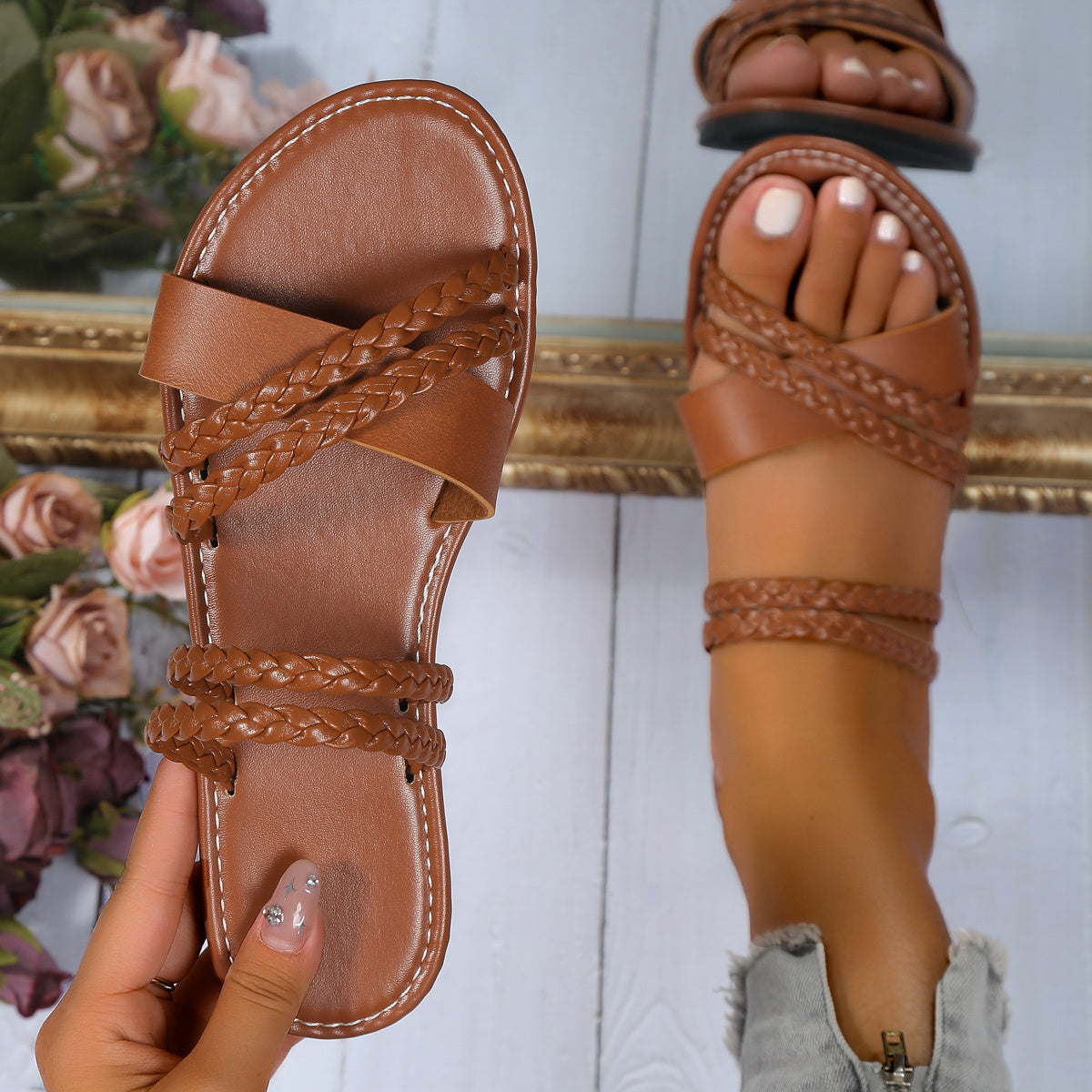 Women's Solid Braided Flat Sandals Slip On Cross Strap Lightweight Summer Shoes