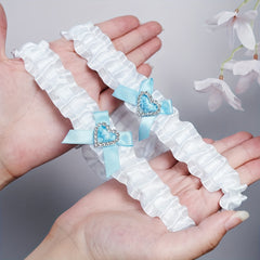 Bridal Elastic Crinkle Band Sock Strap Set Rhinestone Bowknot Ribbon Leg Band