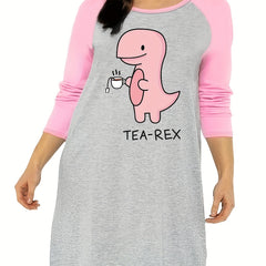 Women's Dinosaur Print Raglan Sleeve Round Neck Tee Sleep Dress