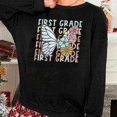 Plus Size Butterfly & Floral Print Lounge Top Round Neck Long Sleeve