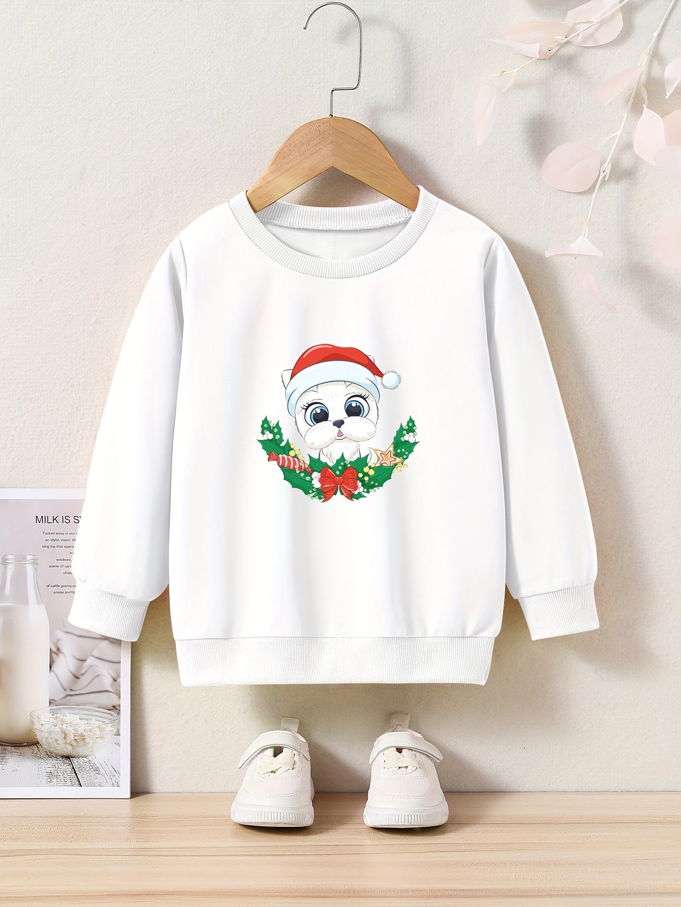 Christmas Cartoon Dog Pattern Crew Neck Long Sleeve Sweatshirt For Girls Kids