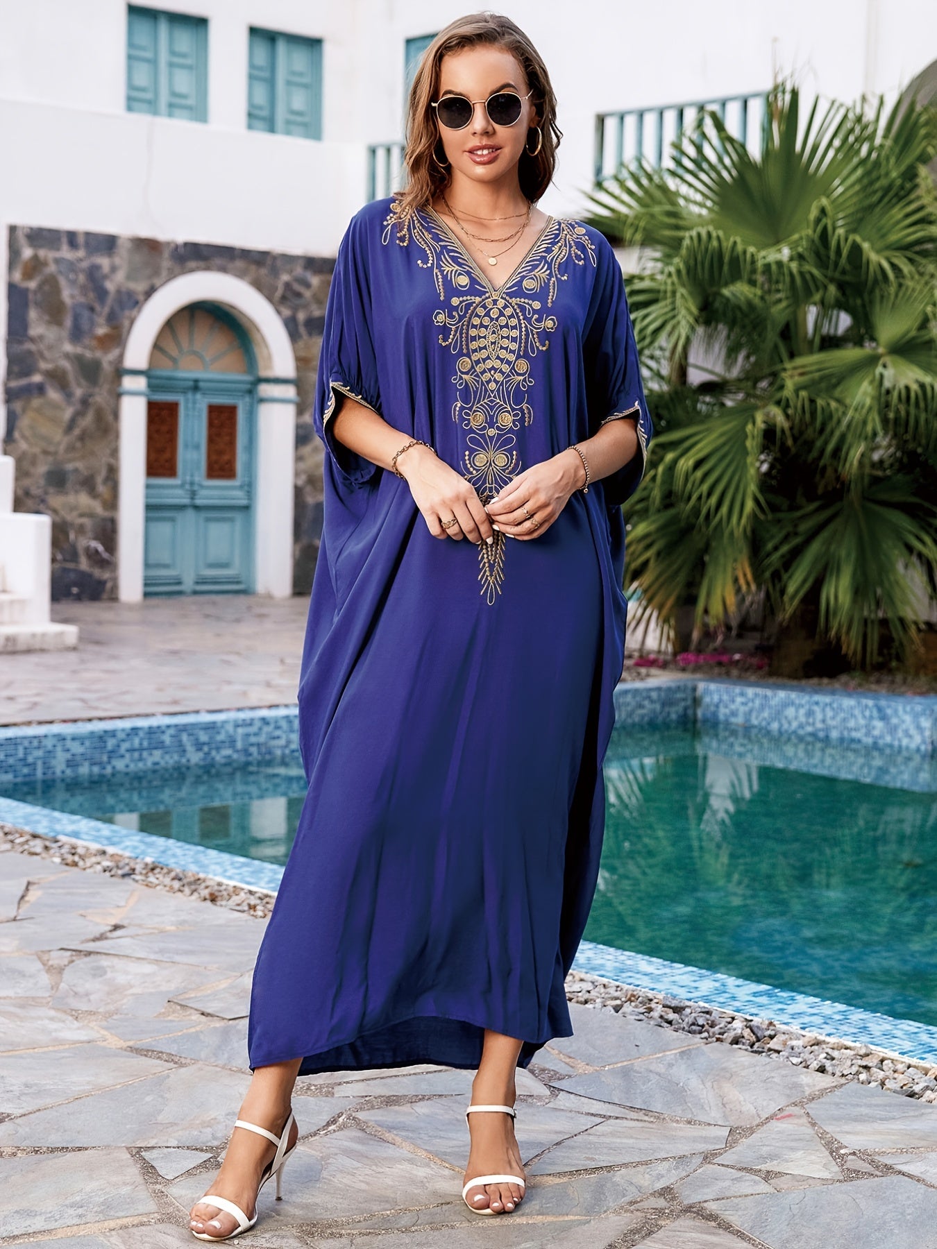 Embroidered Boho Kaftan Dress V Neck Beach Cover Up