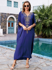 Embroidered Boho Kaftan Dress V Neck Beach Cover Up