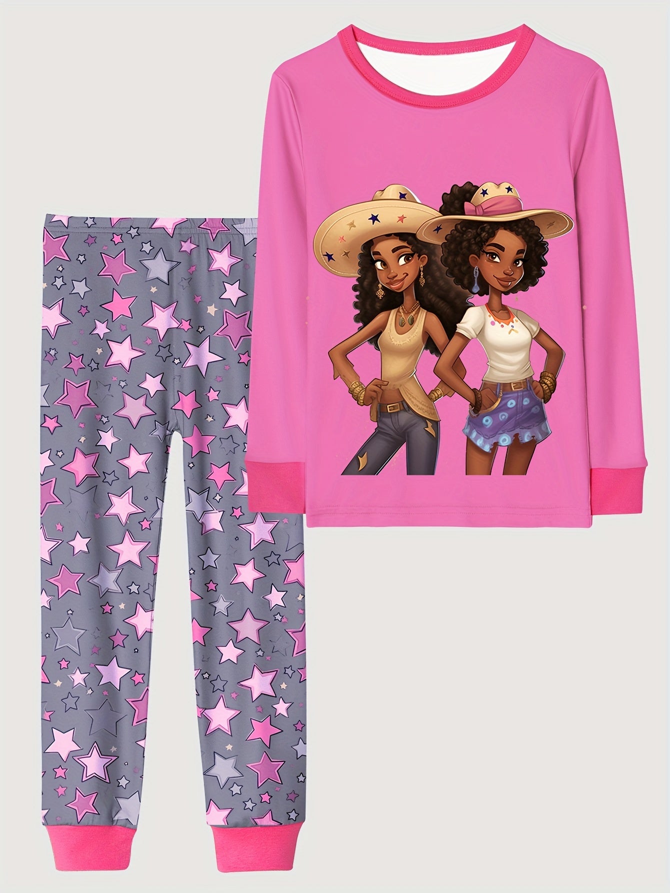 Skull Girl Pattern Kid's Pajamas Set Halloween Style Comfy PJ Girl's Loungewear