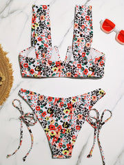 Floral Print V Notch Bikini Sets Wide Straps Tie Side High Cut Beachwear