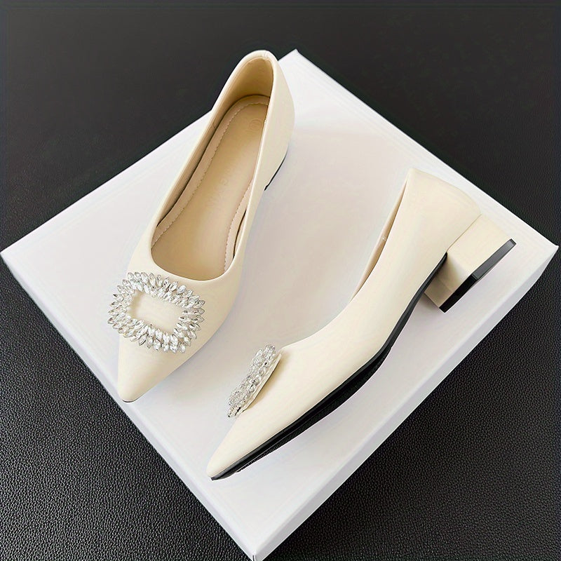 Women's Rhinestone Decor Slip On Low Point Toe Block Heel Glitter Shoes