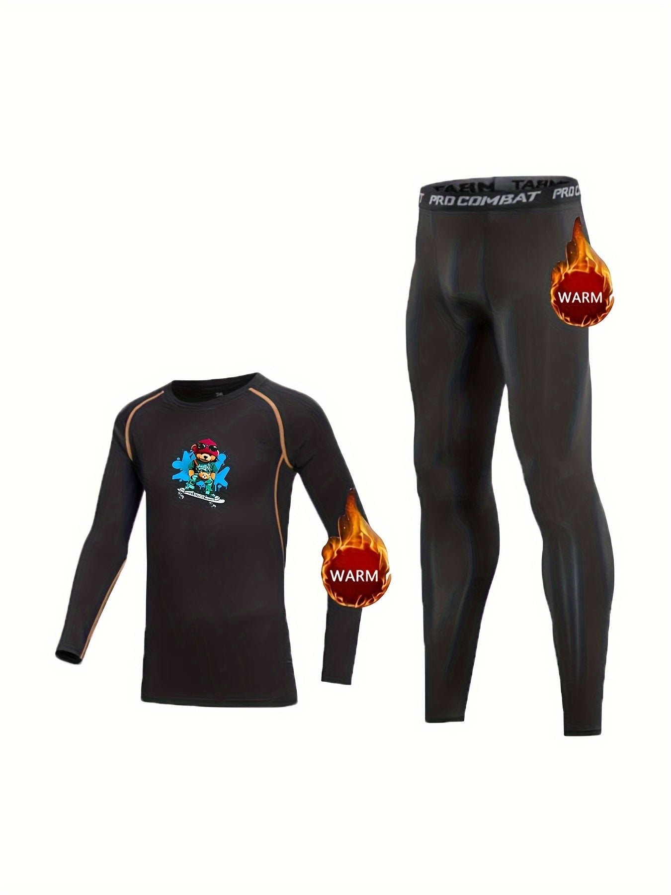 Kids Fleece Lined Compression Base Set - Bear Skateboard Print