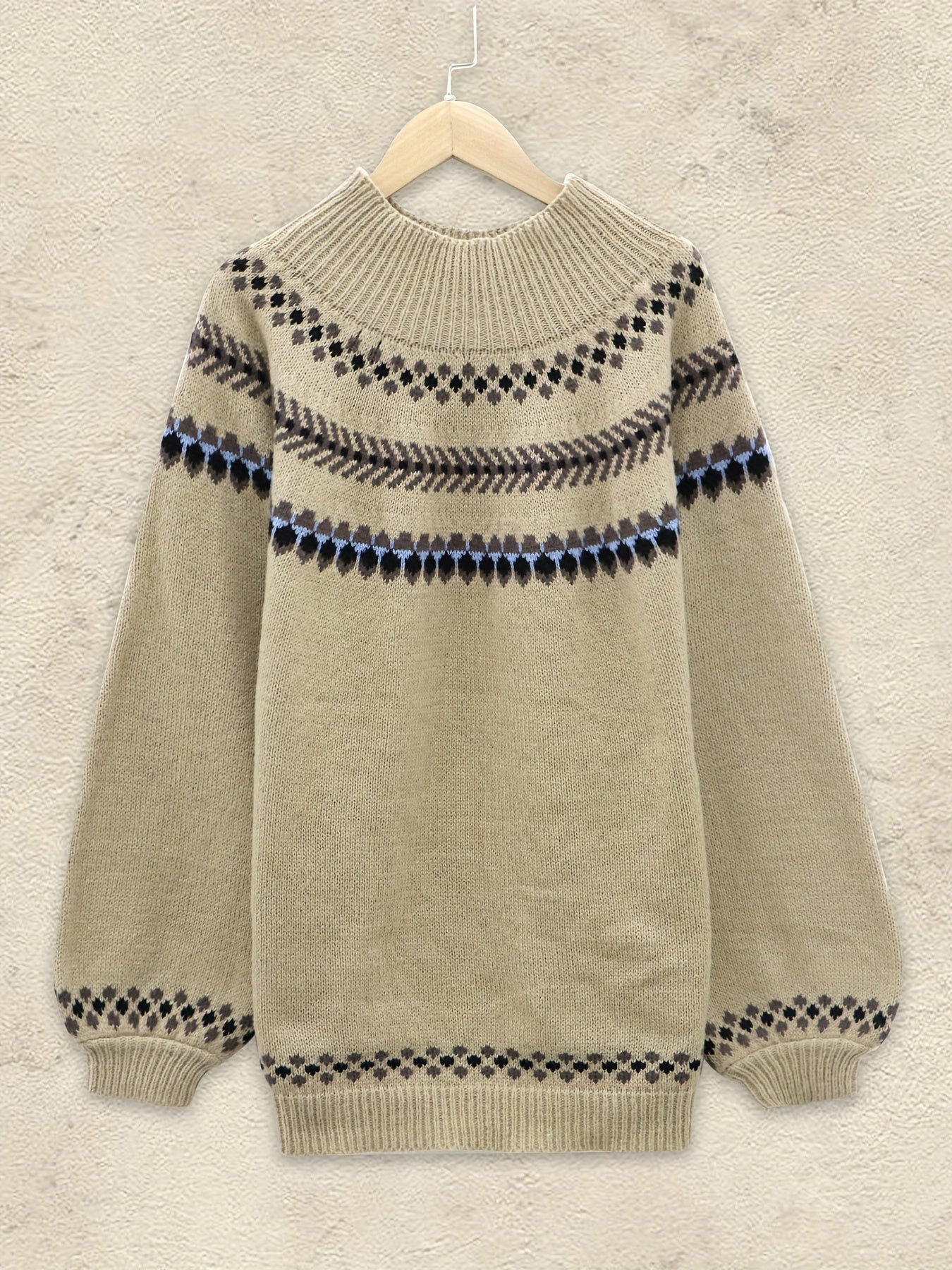 Casual Sweater Women's Plus Geo Print Lantern Sleeve High Neck Jumper