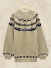 Casual Sweater Women's Plus Geo Print Lantern Sleeve High Neck Jumper