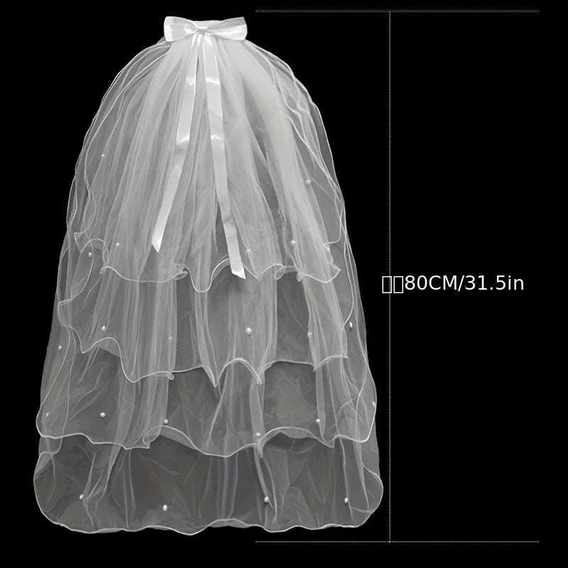 4 Layer Bridal Head Veil with Comb & Faux Pearl Satin Bowknot Hair Piece