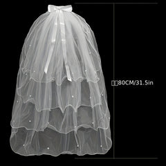 4 Layer Bridal Head Veil with Comb & Faux Pearl Satin Bowknot Hair Piece