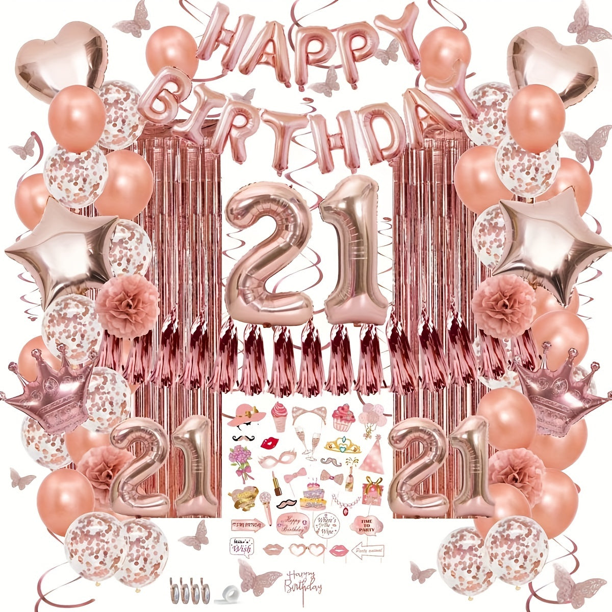 132pcs 21st Birthday Rose Gold Photo Props Balloon Set