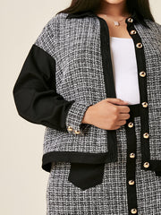 Colorblock Tweed Long Sleeve Coat & Midi Skirt Outfit Set