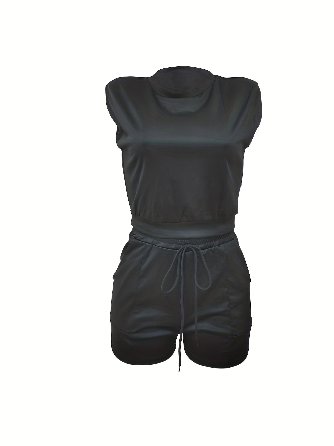 Casual Two Piece Set Solid Sleeveless Crop Top & Drawstring Shorts