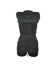 Casual Two Piece Set Solid Sleeveless Crop Top & Drawstring Shorts