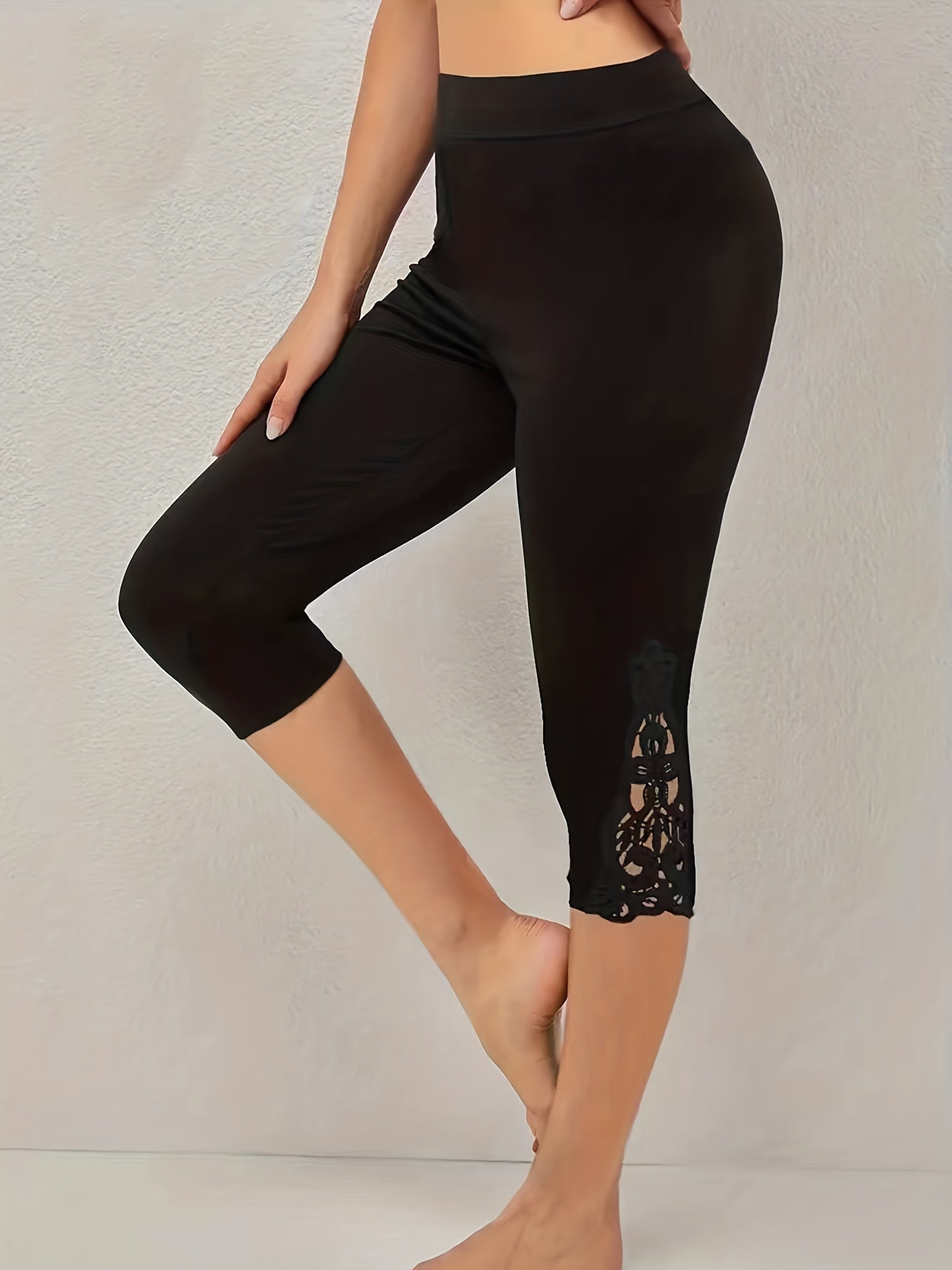 Lace Contrast Skinny Capris Leggings Women's Clothing