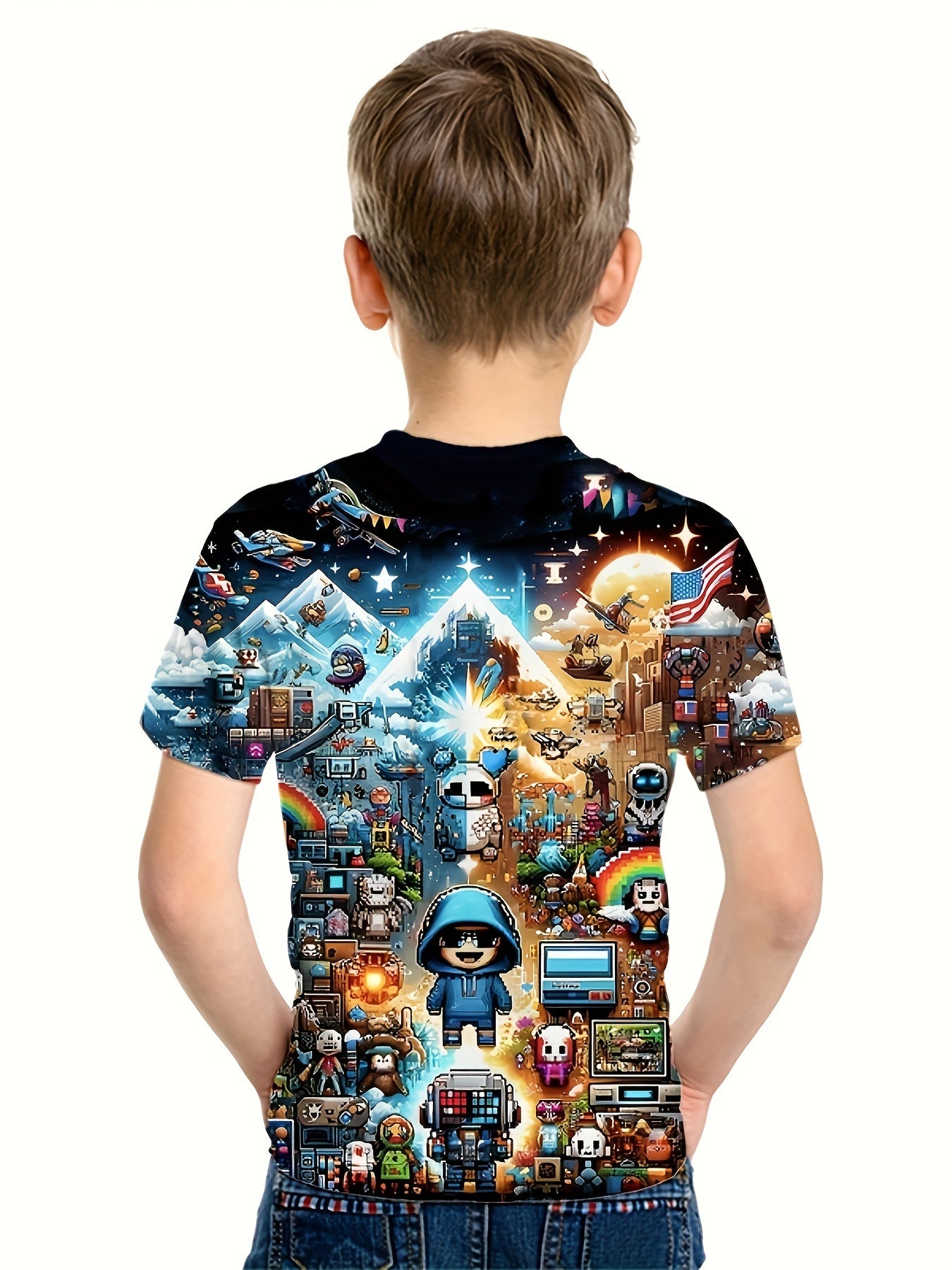 Pixel Cartoon Print Boy's Tees Short Sleeve Crew Neck Comfy T shirt