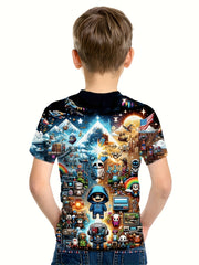 Pixel Cartoon Print Boy's Tees Short Sleeve Crew Neck Comfy T shirt