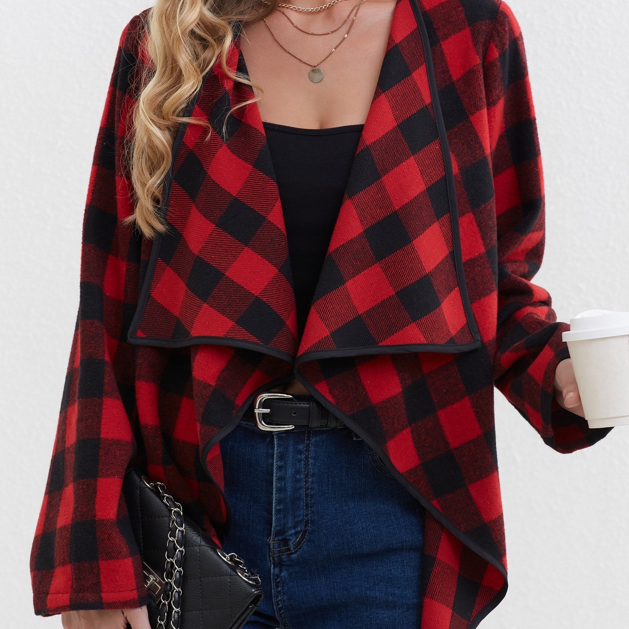 Plaid Print Open Front Jacket Long Sleeve Lapel Jacket