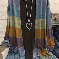 Colorblock Long Sleeve Cardigan With Pockets