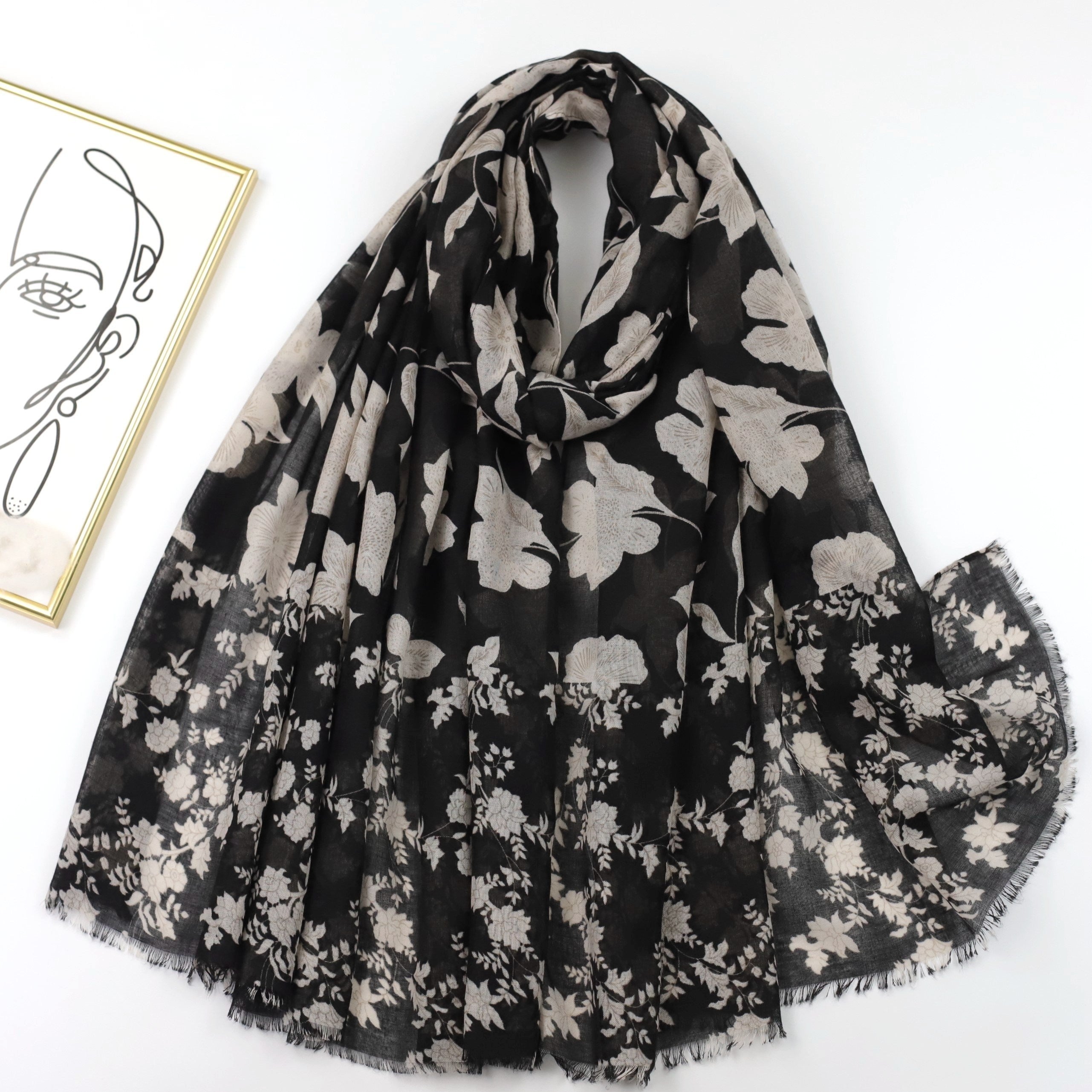 Boho Flower Print Frayed Edge Scarf