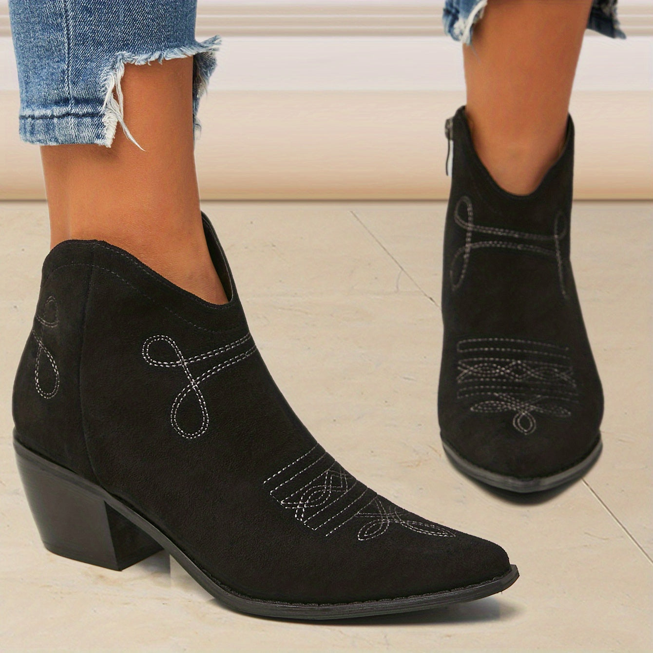 Women's Embroidered Heeled Ankle Boots Pointed Toe