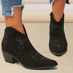Women's Embroidered Heeled Ankle Boots Pointed Toe